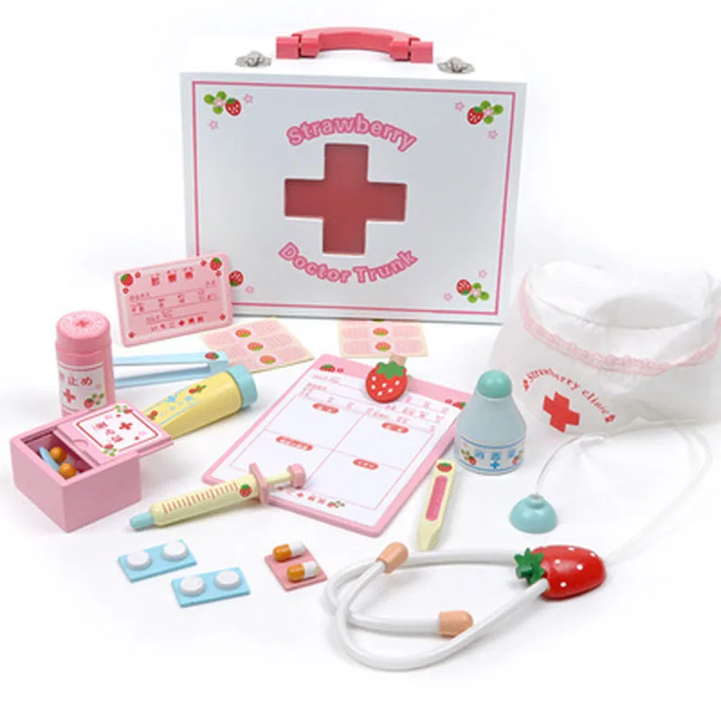 

Wooden Doctor Toys Kids Medicine-Box Japanese Simulation Medical Tools Kit Strawberry Clinic Role Play Medicine Accessories
