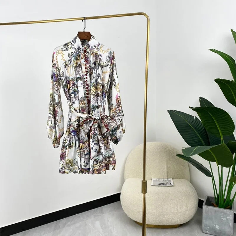 

Botanical Crop Floral Print Red Button Throug Long Lantern Sleeve Top Quality Twill Silk Ladies Mini Dresses 21 Spring Fashion