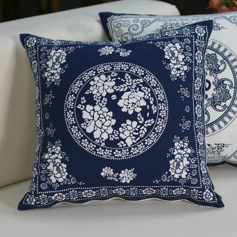Чехлы для диванных подушек с китайскими пионами и цветами синяя классическая