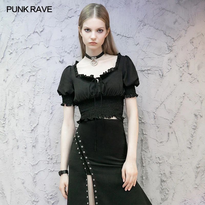 

PUNK RAVE Women's "sweet Cool Girls" Cute Generous Neckline Sexy Style Tops Black Short Blouse Daily Chiffon Short Shirt Tees