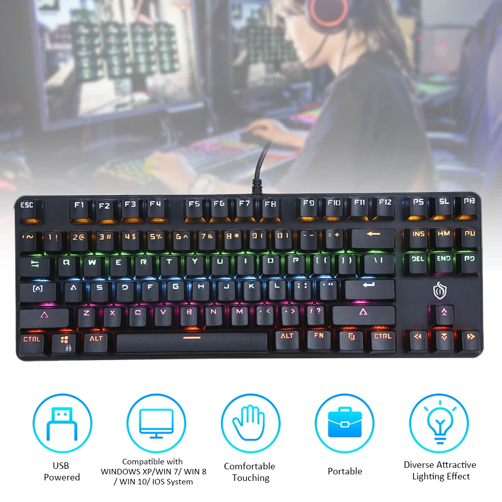 

87 Keys Gaming Keyboard USB Powered Operated Diverse Lighting Effect for Computer Laptop E-sport Compatible Illuminated Keyboard