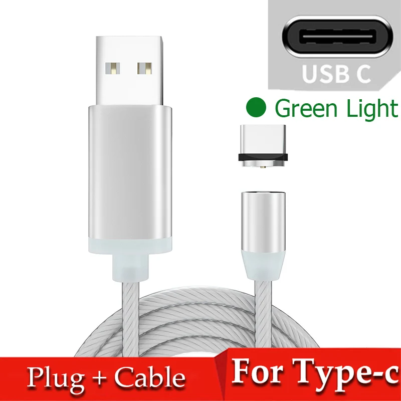 Green for Type-c Магнитный течёт светодиодный кабель Micro USB для samsung S10 S9 type-c зарядное устройство для huawei магнитное зарядное устройство usb type C кабели - Цвет: Green for Type-c