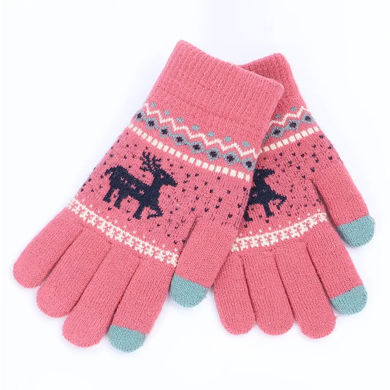 Rose Red Winter Female Winter Vintage Deer Knitted Gloves Women Thicken Touch Screen Gloves Winter Warm Snow Elk Full Finger Mittens - Цвет: Rose Red