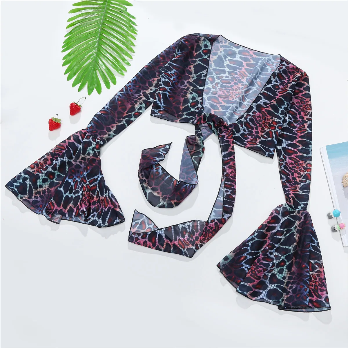 

3 Pieces Bikini Set Women Mix Color Leopard Printed Swimwear Long Sleeves Beach Cover Up Push Up High Waist Lace Up Bathing Suit