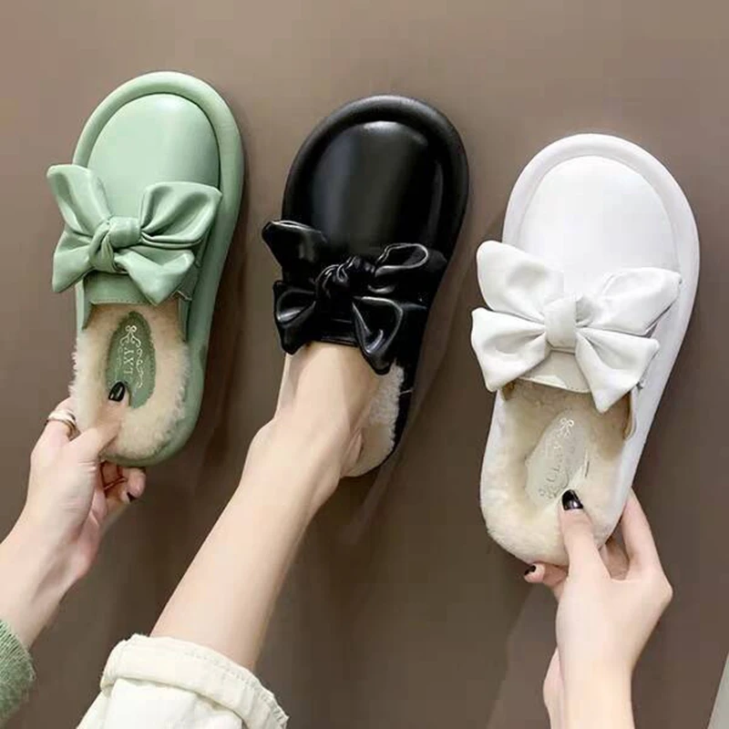 

Plus Size Women's Shoes Plush Slippers, Women's Outer Wear Autumn And Winter Bow Knot All-match Cotton Slippers With Baotou
