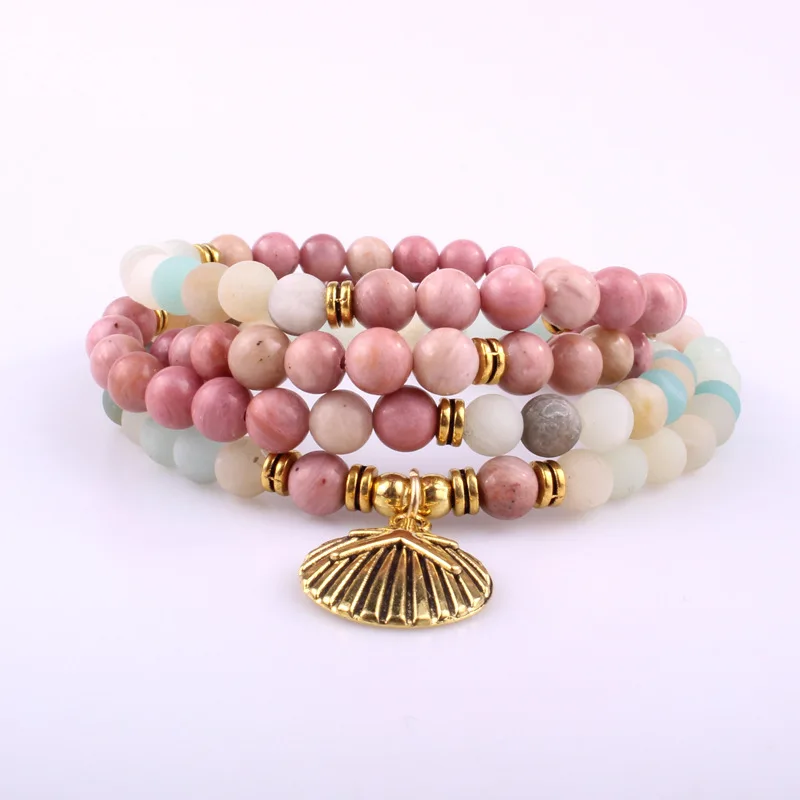 Натуральный камень 108 Mala бусы браслет Родонит Амазонит оболочка Шарм женский