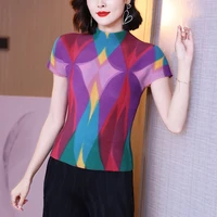 summer t shirt for women new half turtleneck short sleeved fashion printed big stretch slim pullover tops purple