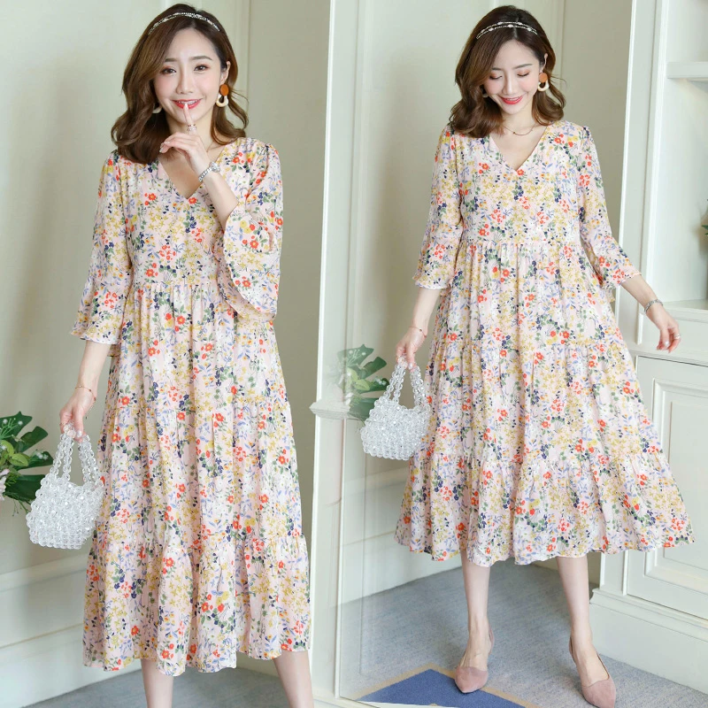 

Fashion new chiffon V-neck dress net red late pregnancy maternity dress tide 2021 spring summer plus size floral dress women s32