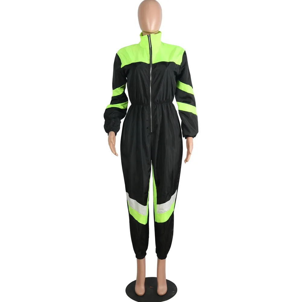 

Women Neon Green Black Color Block Long Sleeve Sport Jumpsuit Autumn Winter Fashion Casual One Piece Zip Overalls Casual Rompers