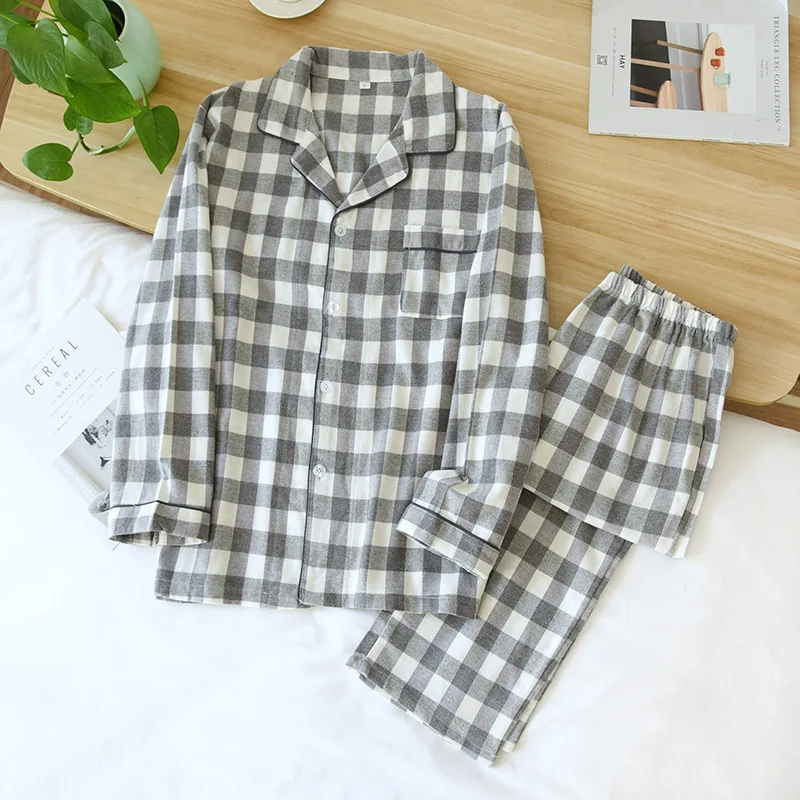 

Autumn Men's Cotton Plaid Pajama Set Grinding Wool Casual Comfortable Plus Size Breathable Couple Pyjama Lapel Home Clothing