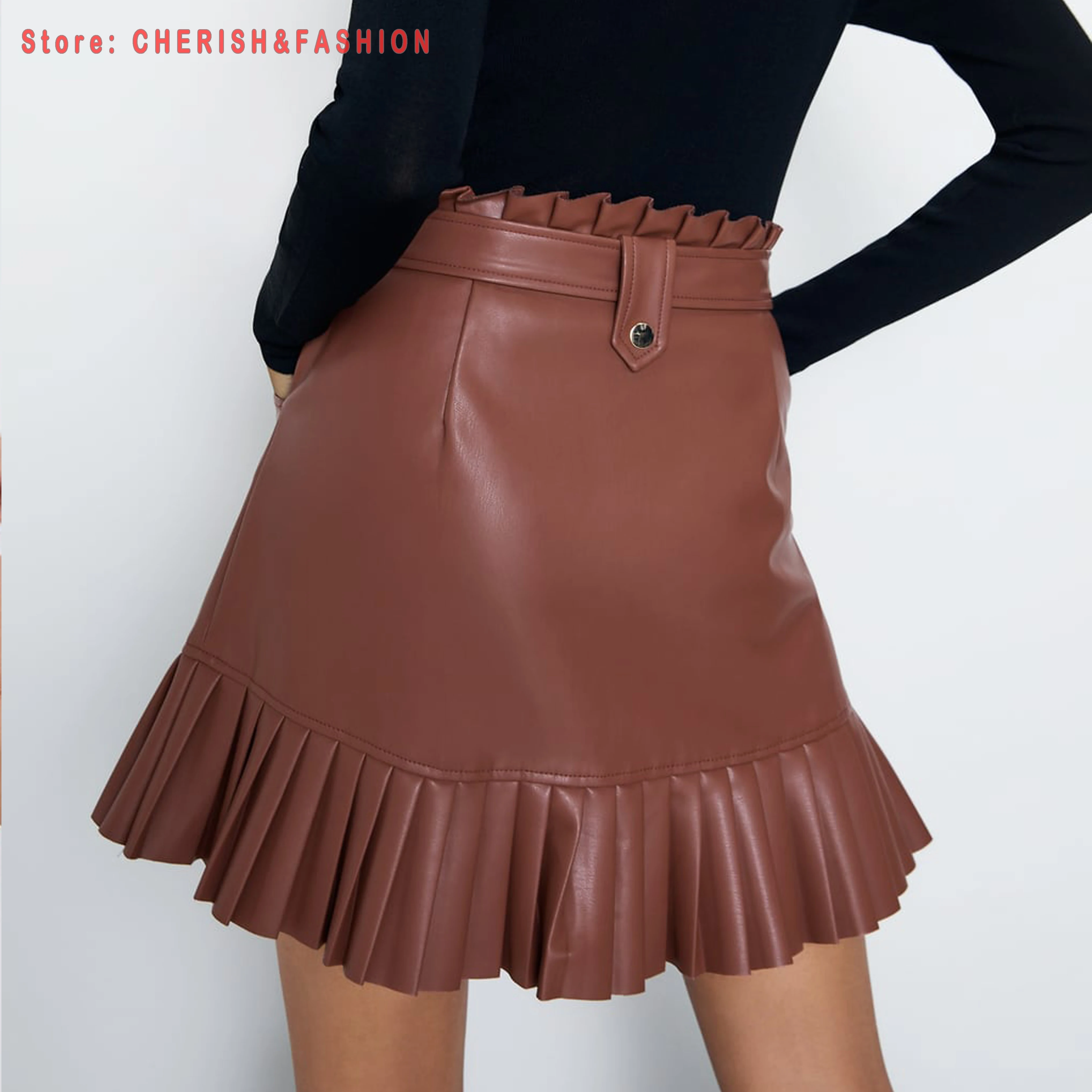 Стильная шикарная мини юбка из искусственной кожи с поясом модная женская