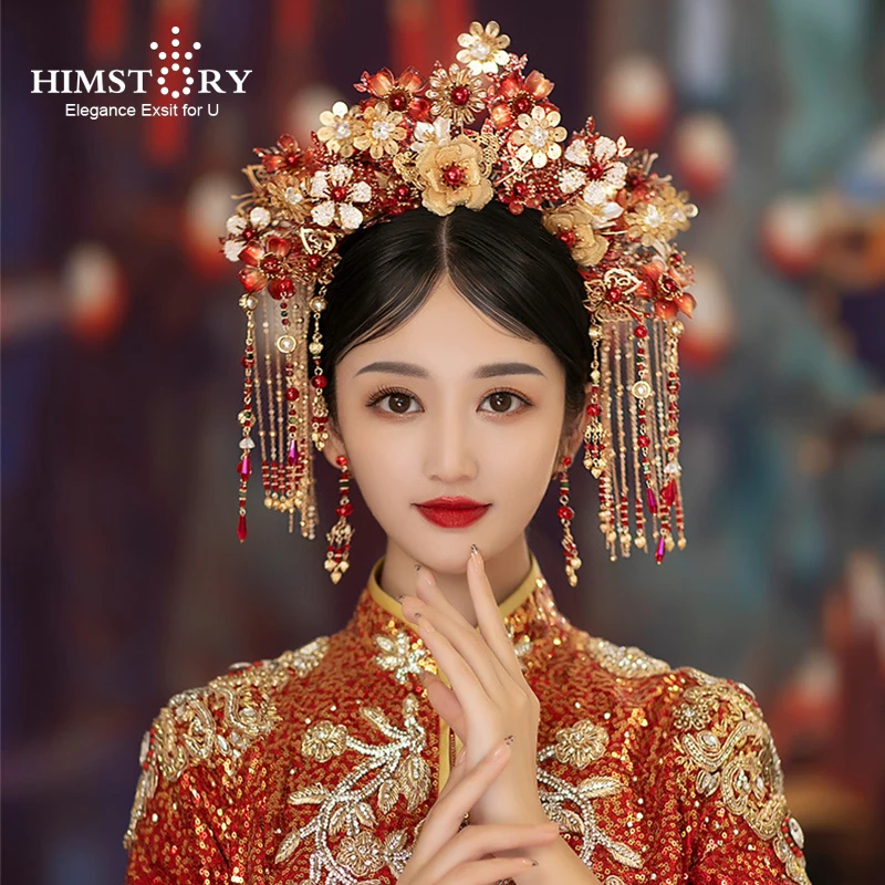 

HIMSTORY Elegance Bridal Wedding Xiuhe Headdress Vintage Chinese Red Flower Cheongsam Tassel Hairpins Jewelries Accessories