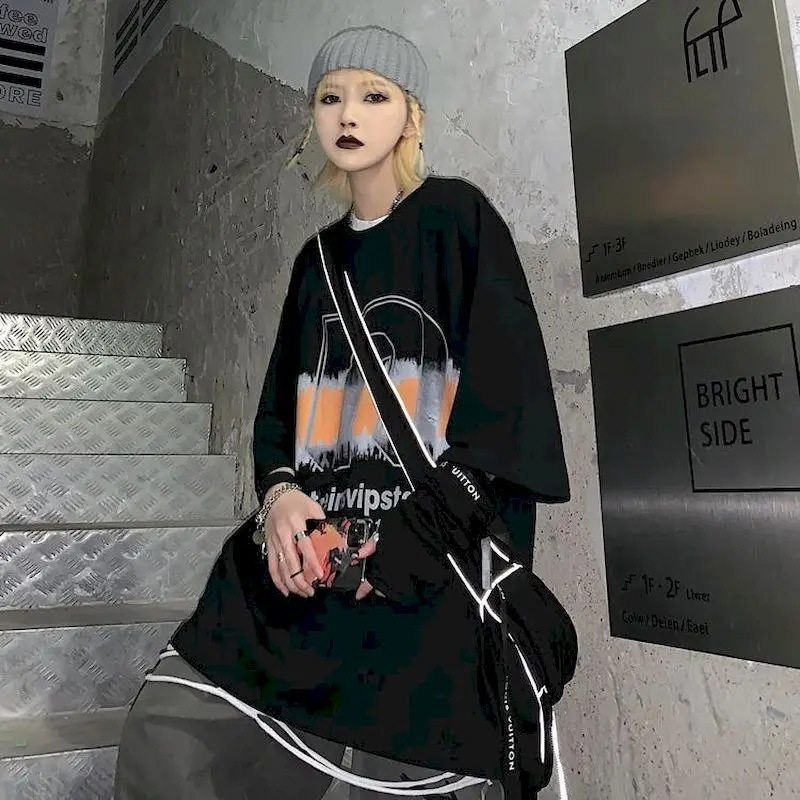 

Womens Oversized T-shirt Letter Print Cotton O-neck Basic Academy Harajuku Korean Niche Couple Top All-match Top Female Urban