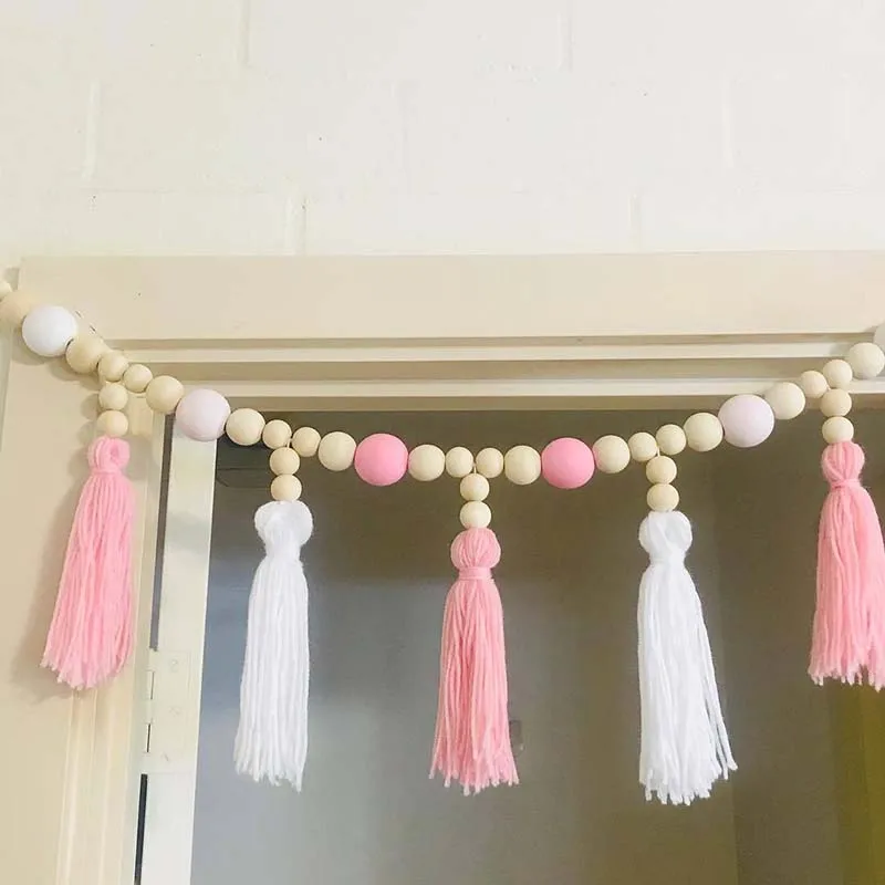 

Nordic Kid Baby Room Yarn and Bead Garland Hanging with Tassel Nursery Pearl Decor Props For Kids Room Gift Giving Tent Ornament
