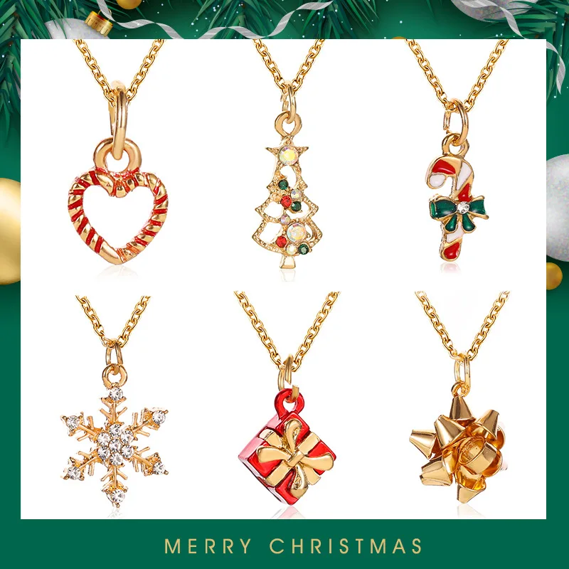 

2021 New Delicate Enamel Elk Deer Pendant Necklace Christmas Tree Snowman Bells Sock Snowflake Cane Clavicle Chain Jewelry Femme