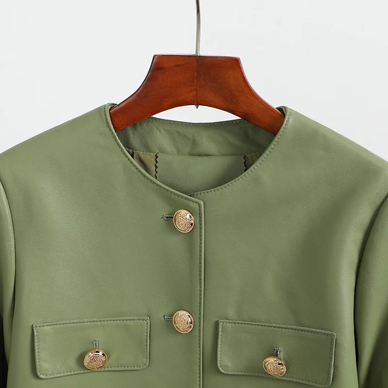 Spring Autumn Korean Style Women's High Quality Green Genuine Leather O-neck Jackets C252