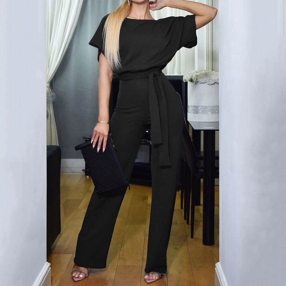 Комбинезон женский офисный с коротким рукавом элегантный длинный свободный