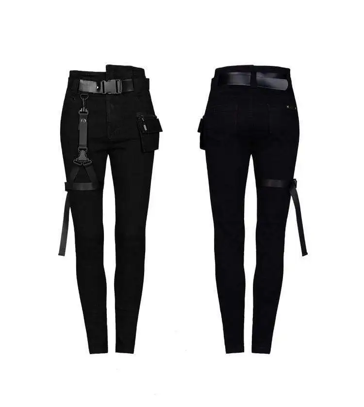 Панк рейв женские готические с высокой талией ремни узкие джинсы PK-321 | Женская