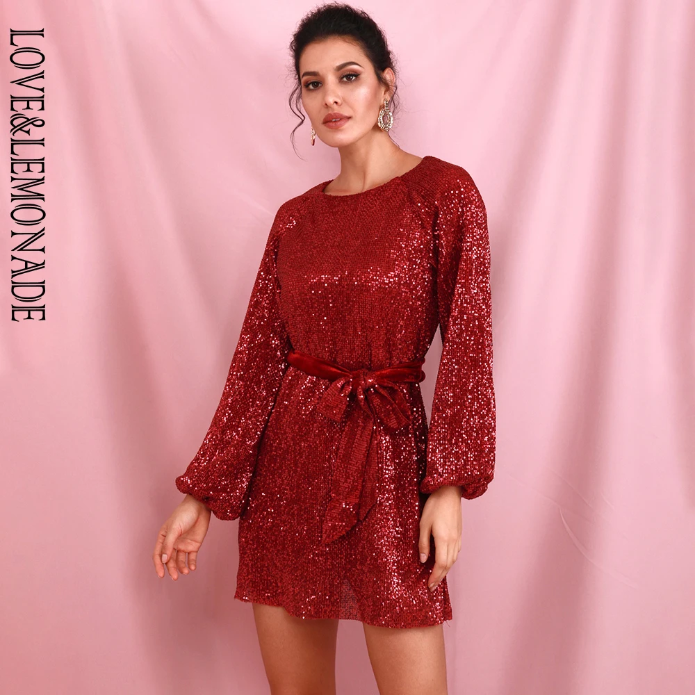 Женское свободное мини платье LOVE & LEMONADE красное плиссированное с блестками и