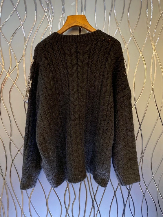 

2020 autumn and winter new women's round neck irregular tassel line decoration solid color loose knit sweater 1109