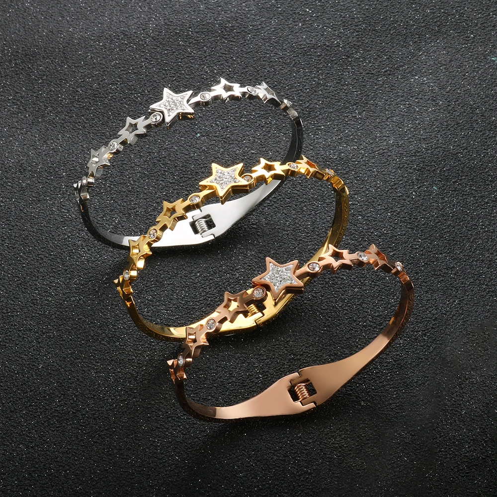 

Luxury Hollow Star CZ Crystal Bracelet Fashion Stainless Steel Rhinestone Men Women Spring Clasp Bangle Engagement Party Jewelry