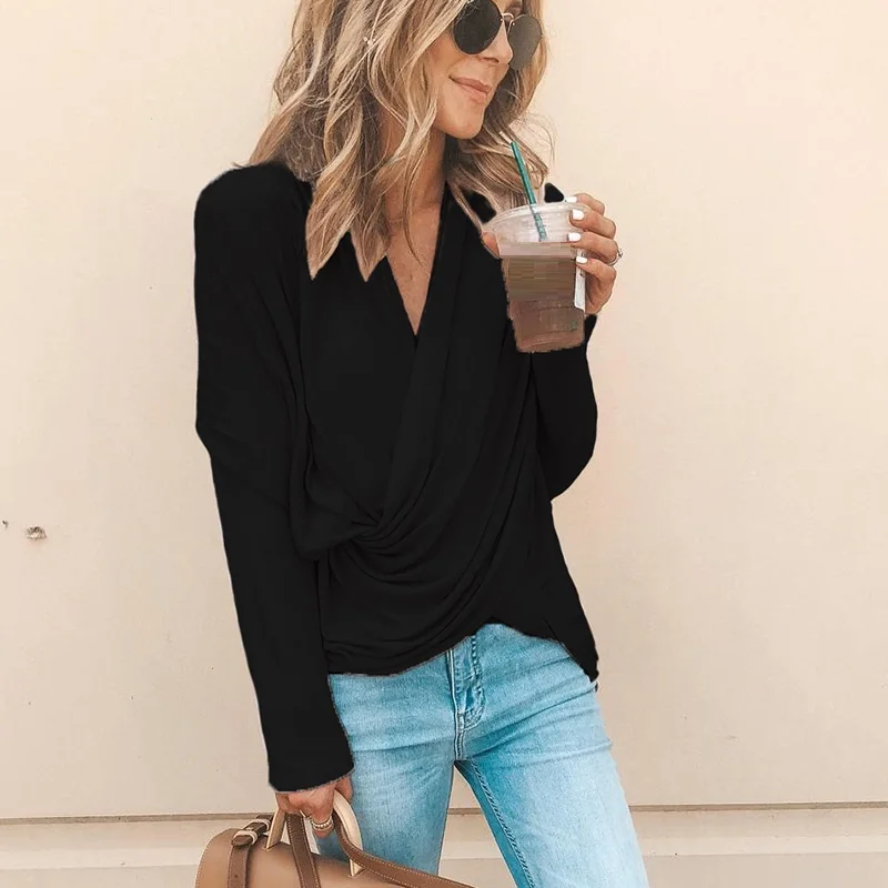 

fashion women blouses 2020 Casual long sleeve v neck wrap blouse black chemisier femme plus size 5xl white blouse