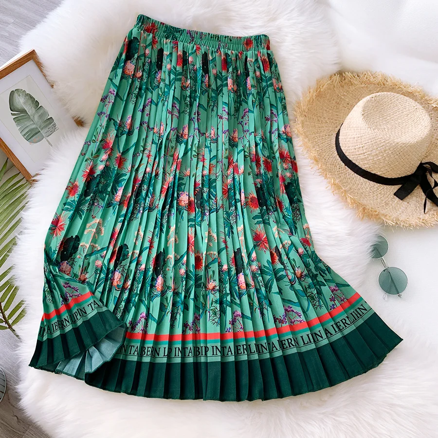 

New Women Vintage Floral Skrit Fashion High Waist Pleated Skrits Fashion Spring Summer Pink Midi Skirt