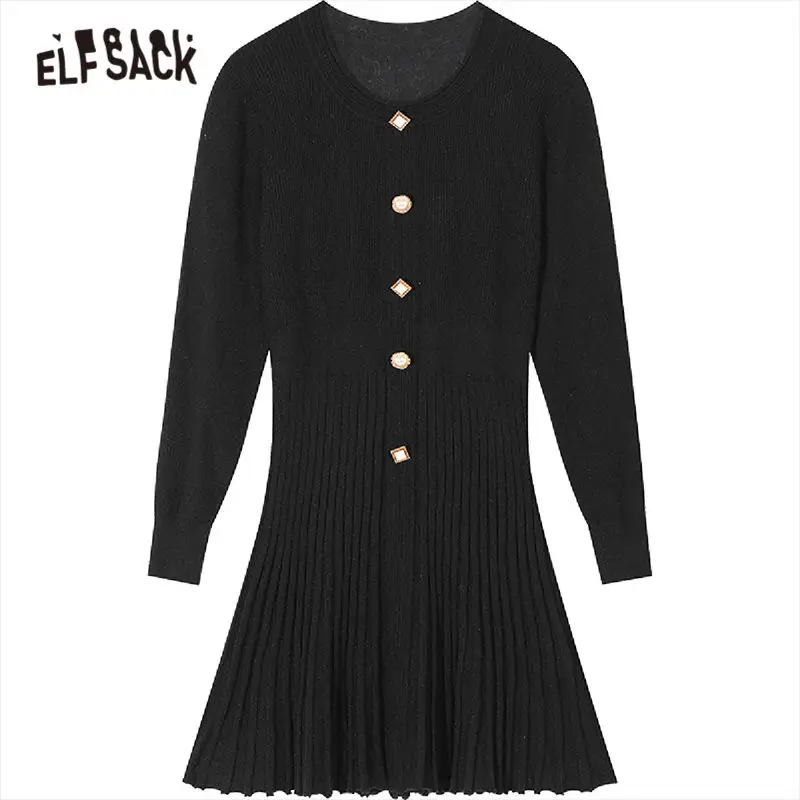 ELFSACK черное однотонное трикотажное минималистичное платье с жемчужинами и