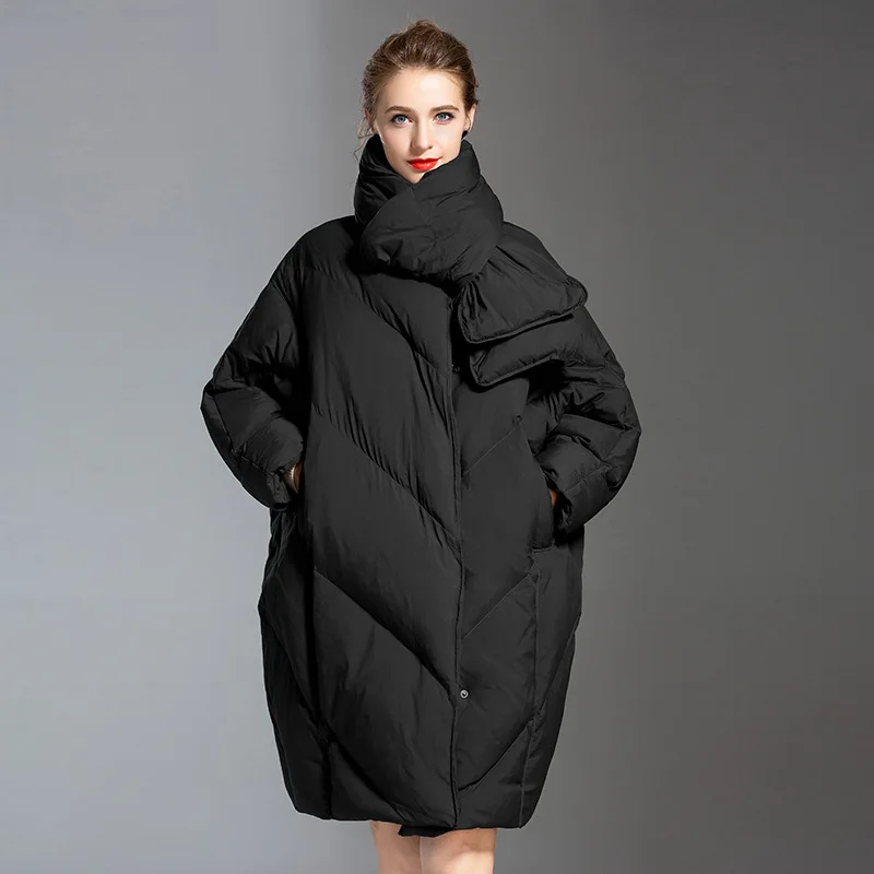 SofBeauForY Europe & America Winter Fashion Women Winter Loose-Fitting Down Jackets White Duck Down Women Coats With Scarf