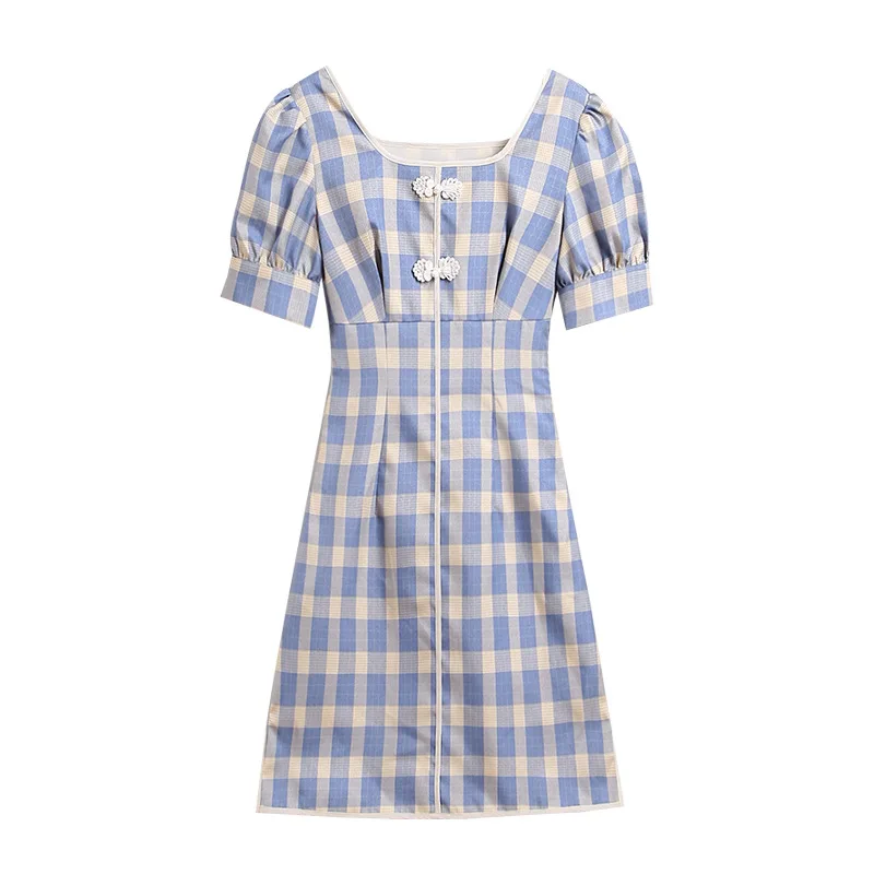 

Dress French Square Collar Dress 2021 Summer New Design Improved Cheongsam Plaid Skirt