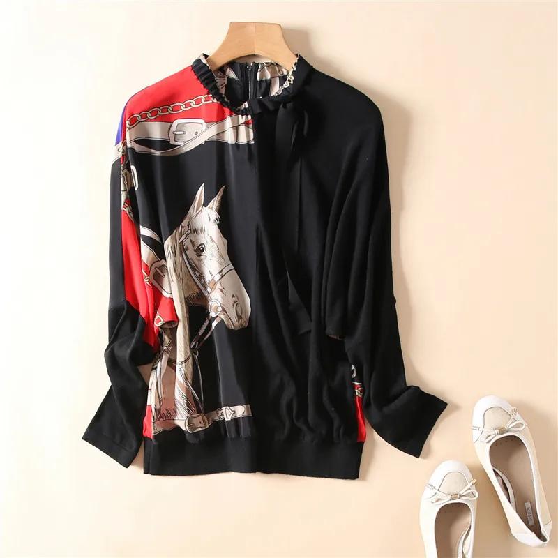 Женская блузка 2019 Ранняя осень наряд эластичная лента круглый воротник с принтом