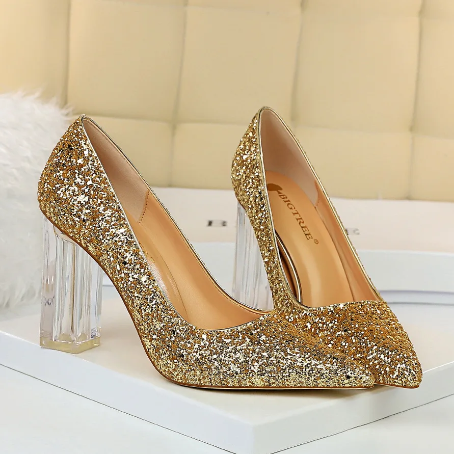 

Женские туфли на квадратном каблуке 10 см, золотистые/Серебристые туфли-лодочки на квадратном каблуке, прозрачные туфли-лодочки, большие раз...