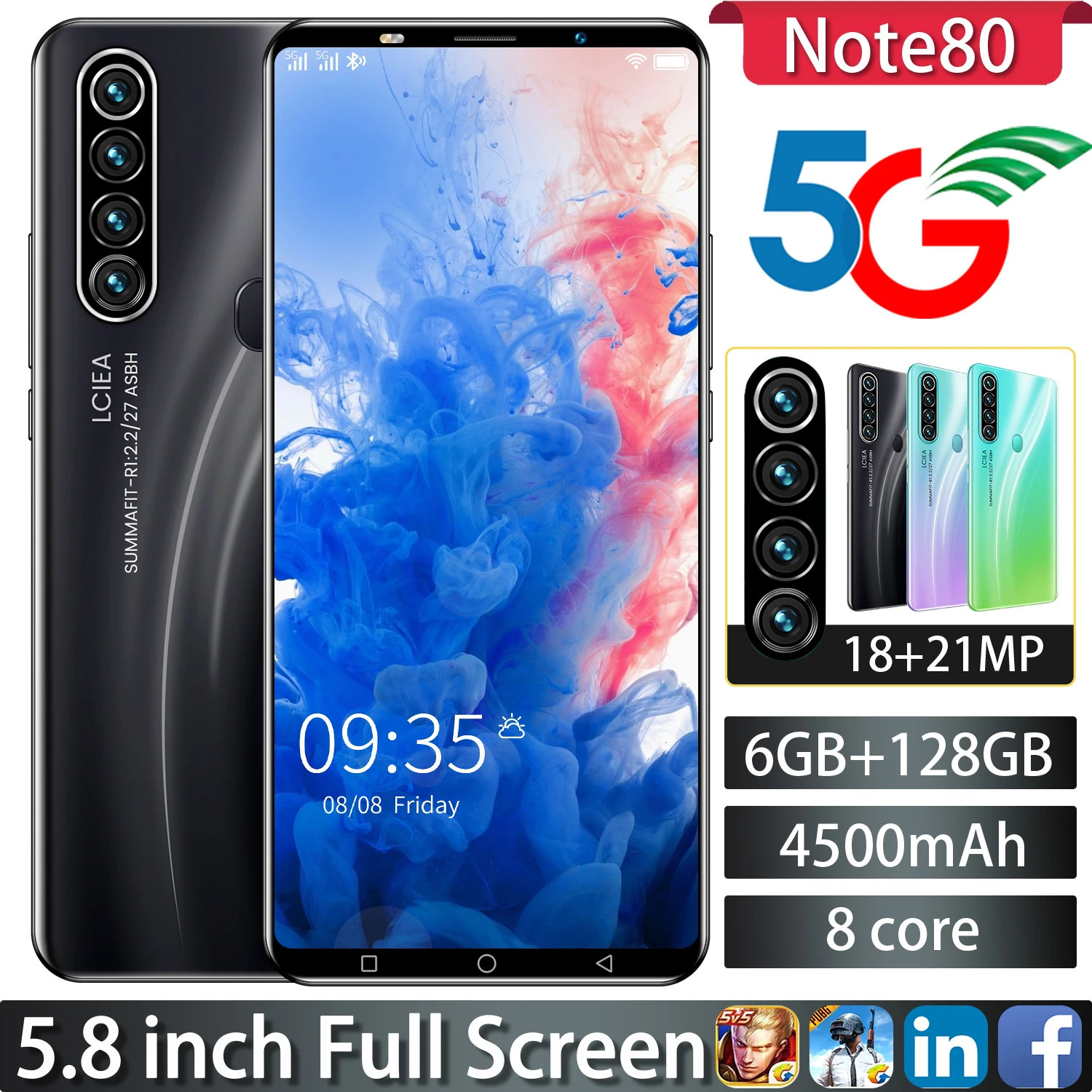 

Оригинальный смартфон Note80, 5,8 дюйма, 6 ГБ + 128 Гб, две SIM-карты, 4500 мАч, разблокировка распознаванием лица, 4G5G, Android 10, мобильный телефон