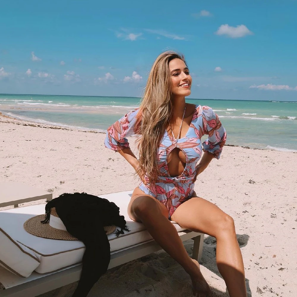 Слитный купальник 2021 с длинным рукавом Женский бандажный монокини принтом