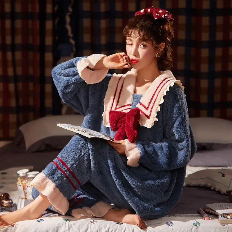 Зимние теплые фланелевые женские пижамные комплекты толстые коралловые пижамы
