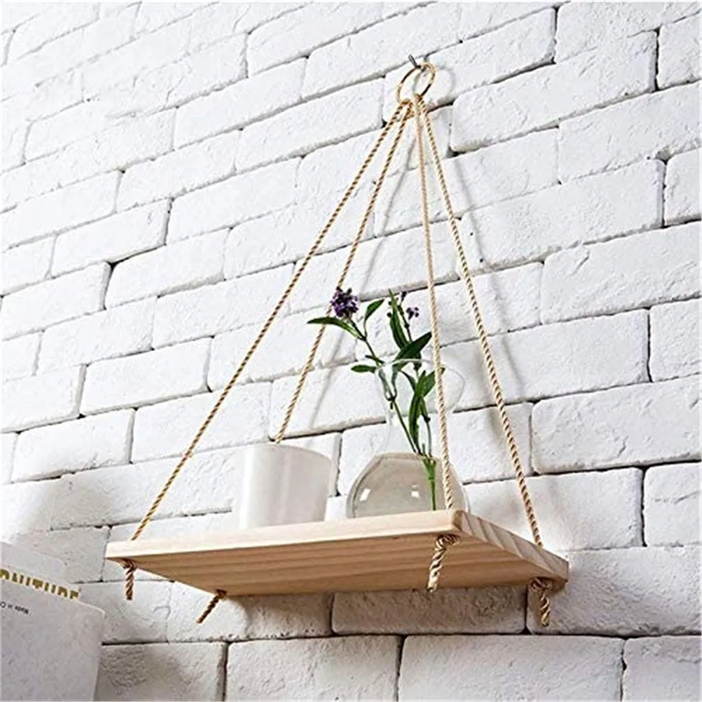 

Premium Wood Swing Hanging Rope Wall Mounted Floating Shelves Plant Flower Pot indoor outdoor decoration simple design Hanging