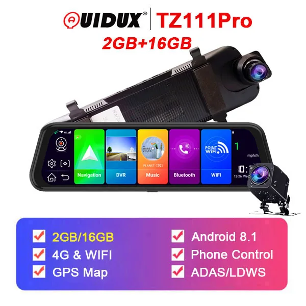 TZ111Pro QUIDUX 4G ADAS Автомобильный видеорегистратор Камера 1" Android 8,1 поток медиа зеркало заднего вида FHD 1080P WiFi gps видеорегистратор Регистратор Видео Регистратор - Название цвета: TZ111Pro