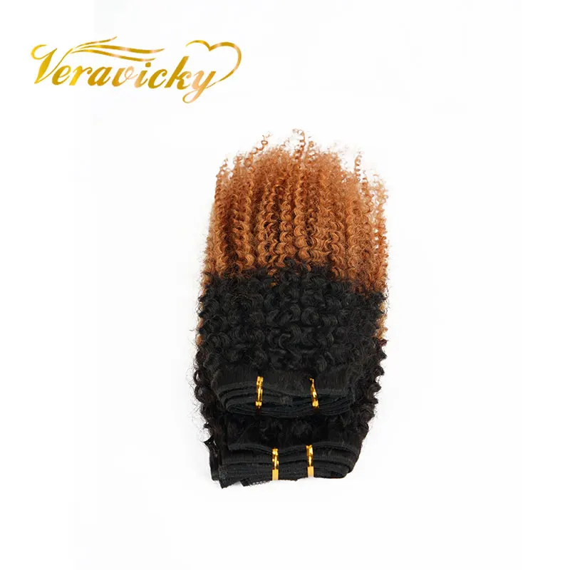 

Veravicky Ombre color Kinky Curly Clip in Human Hair Extensions Natural Brazilian Machine Made Remy 120G 7 Piece/Set Clip ins