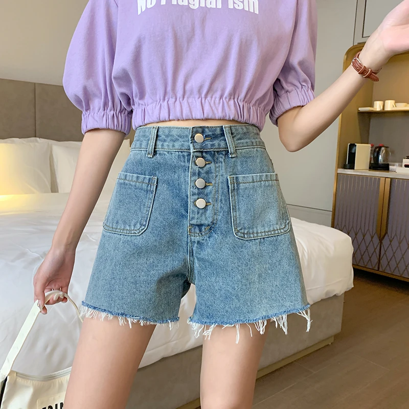 

Wide-leg single-breasted denim shorts summer 2021 plus size high waist slim loose A-line pants