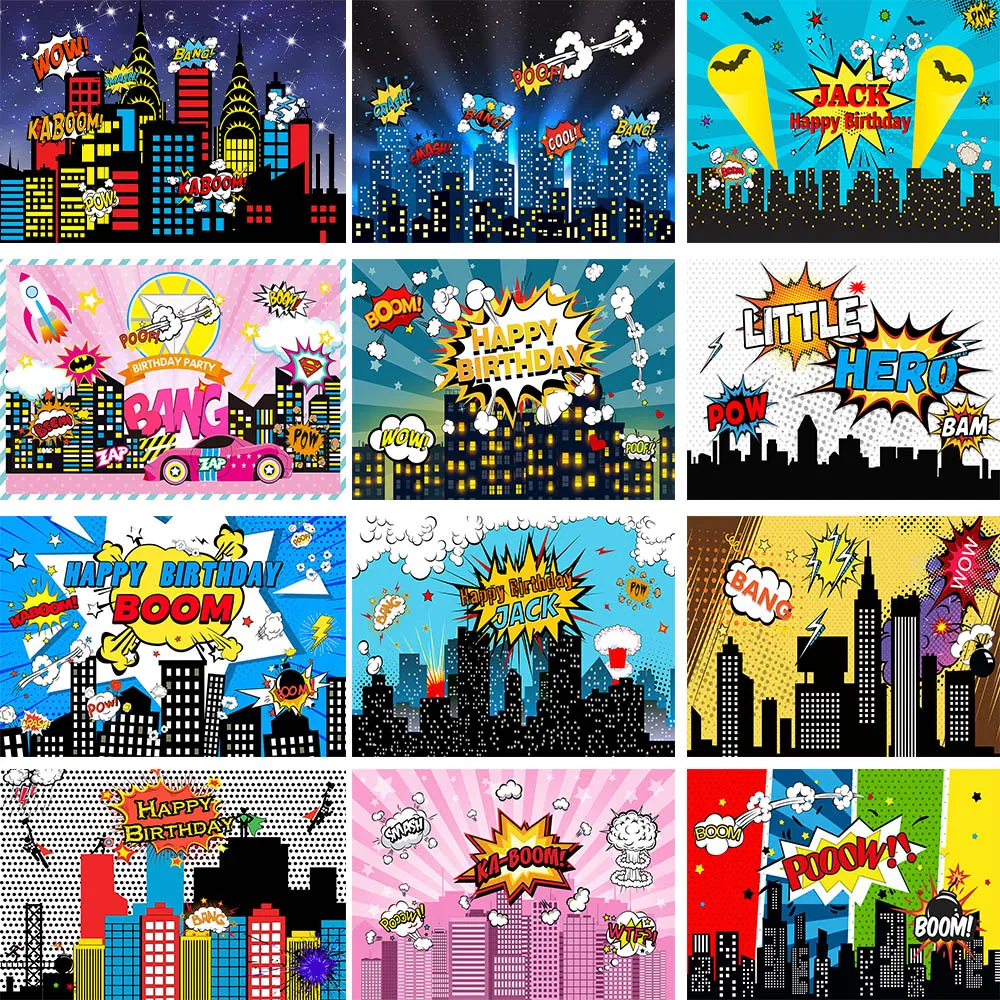 

Superhero Boy Birthday Backdrop Cartoon City Building Night Scene Baby Birthday Party Decor Banner Photo Background Photo Studio