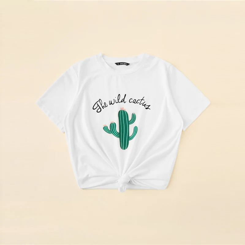 Белая футболка с принтом кактуса и букв Повседневная для женщин 2020 летние