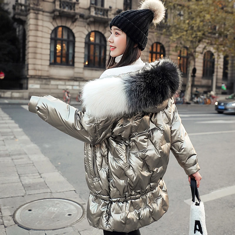 

Real Fox Fur Collar Winer Coat Women 2020 Glossy Hooded Puffer Down Jacket White Duck Down Parkas Waterproof Loose Warm Outwear