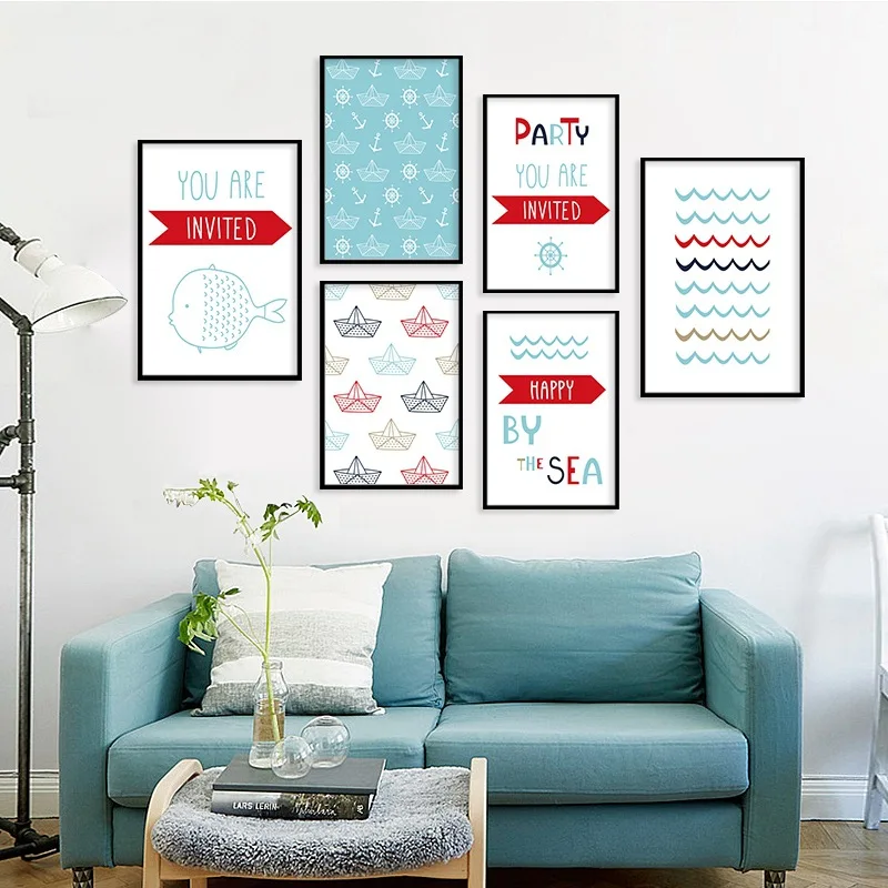 Скандинавский современный стиль Лодка Якорь Морская волна холст картина
