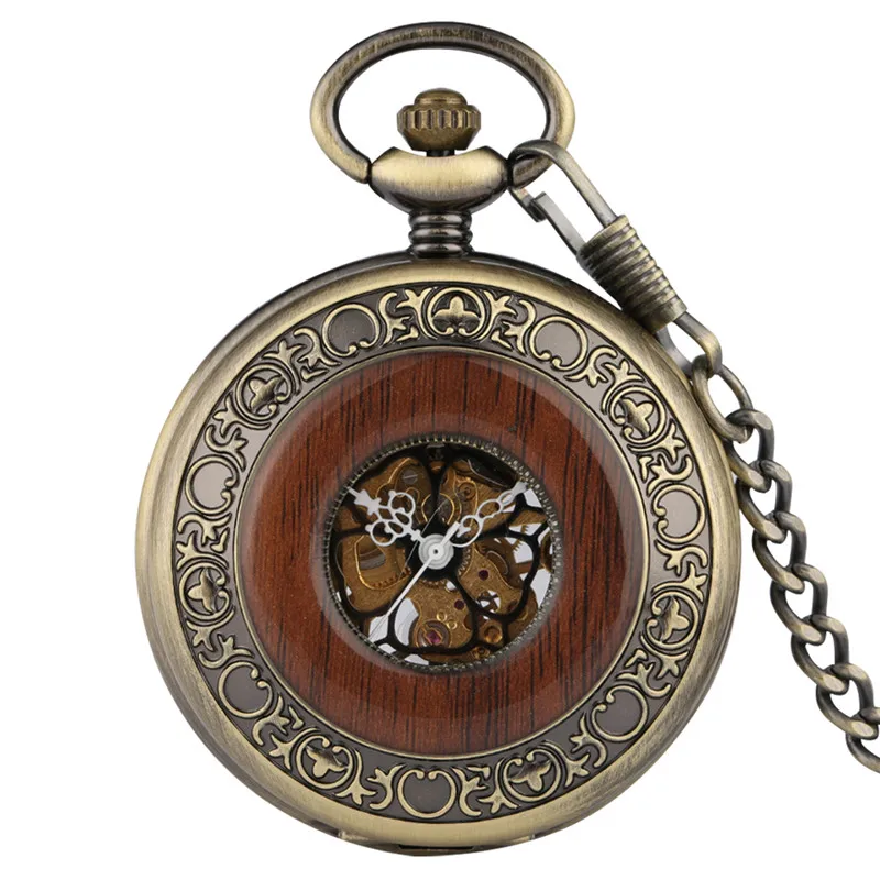 Retro Bronze Wooden Frame Half Hunter Unisex Handwinding Mechanical Pocket Watch Roman Number Dial Design Pendant FOB Chain Gift