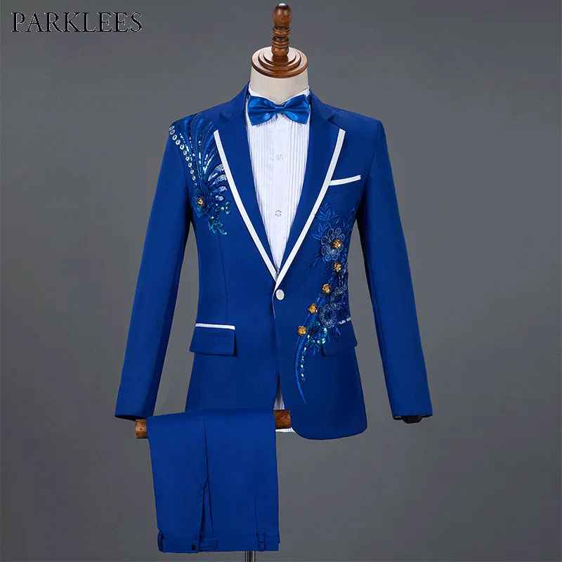 Traje azul real con bordado de lentejuelas para Hombre, Traje de esmoquin para novio y boda, pantalones de un botón, solapa de pico, Traje de escenario, 2XL