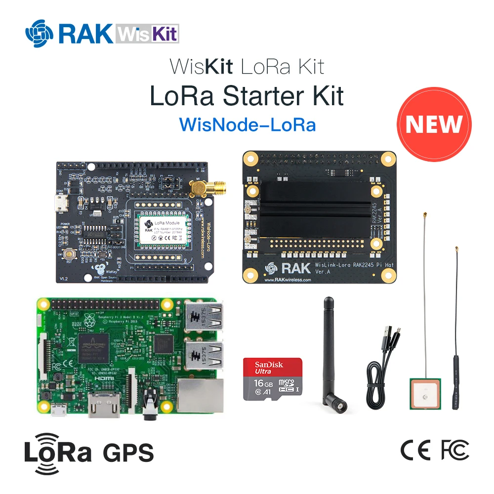 Стартовый комплект WisKit LoRa RAK2245 Pi HAT & Raspberry 3B + и wisknot с TF картой на 16 ГБ GPS модулем