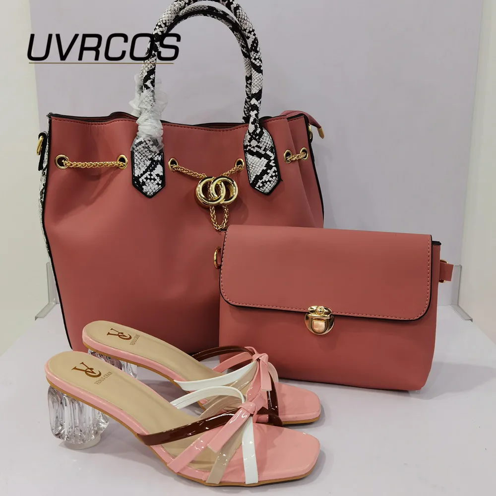 

Mature Style New Arrival Nigerian Women Party Shoes Matching Bag Set New Design Italian Ladies Shoe and Bag Set in Peach Color