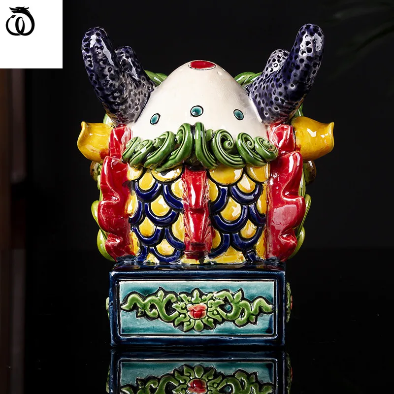 

WU CHEN LONG Chinese Style Color Lion's Dragon Head Art Sculpture Lucky Animal Statue Ceramic Craft Feng Shui Decoration R6535