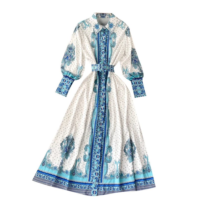 

French Vintage Court Style Dress Puffed Sleeves Lace-up Waist-Controlled Slimming Fairy Temperamental Large Hem Vacation Dress