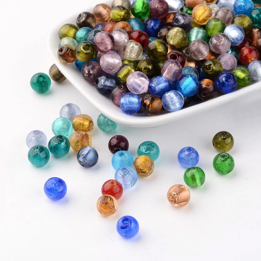 

200pcs 8mm Handmade Silver Foil Glass Beads Round Mixed Color Beads For DIY Jewelry Making , Hole: 2mm
